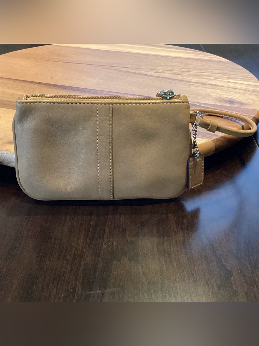 Coach Cream Beige Neutral Leather Wristlet Pouch‎ Bag w silver hardware